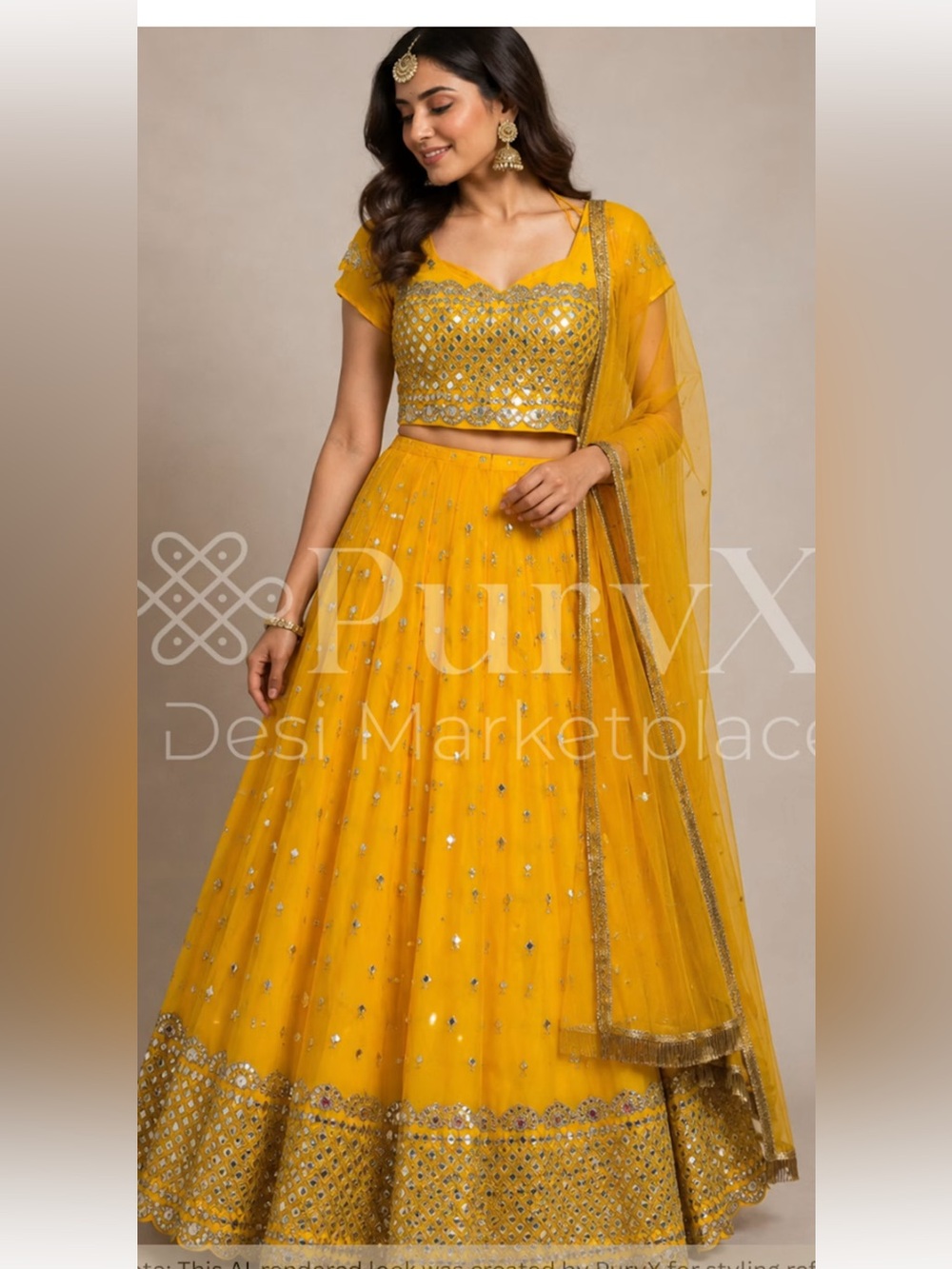 Yellow designer Embellished Women's Lehenga Choli Dupetta 3 piece Large